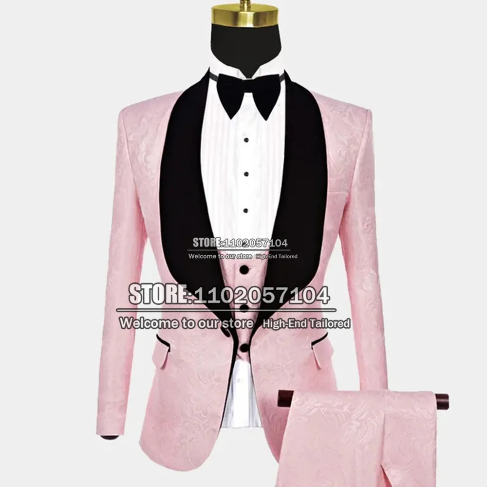 

Spring/Autumn Pink Suit Men Formal Wedding Tuxedo Black Lapel Jacket+Vest+Pants 3 Pieces Costume Homme Mariage Floral Blazer