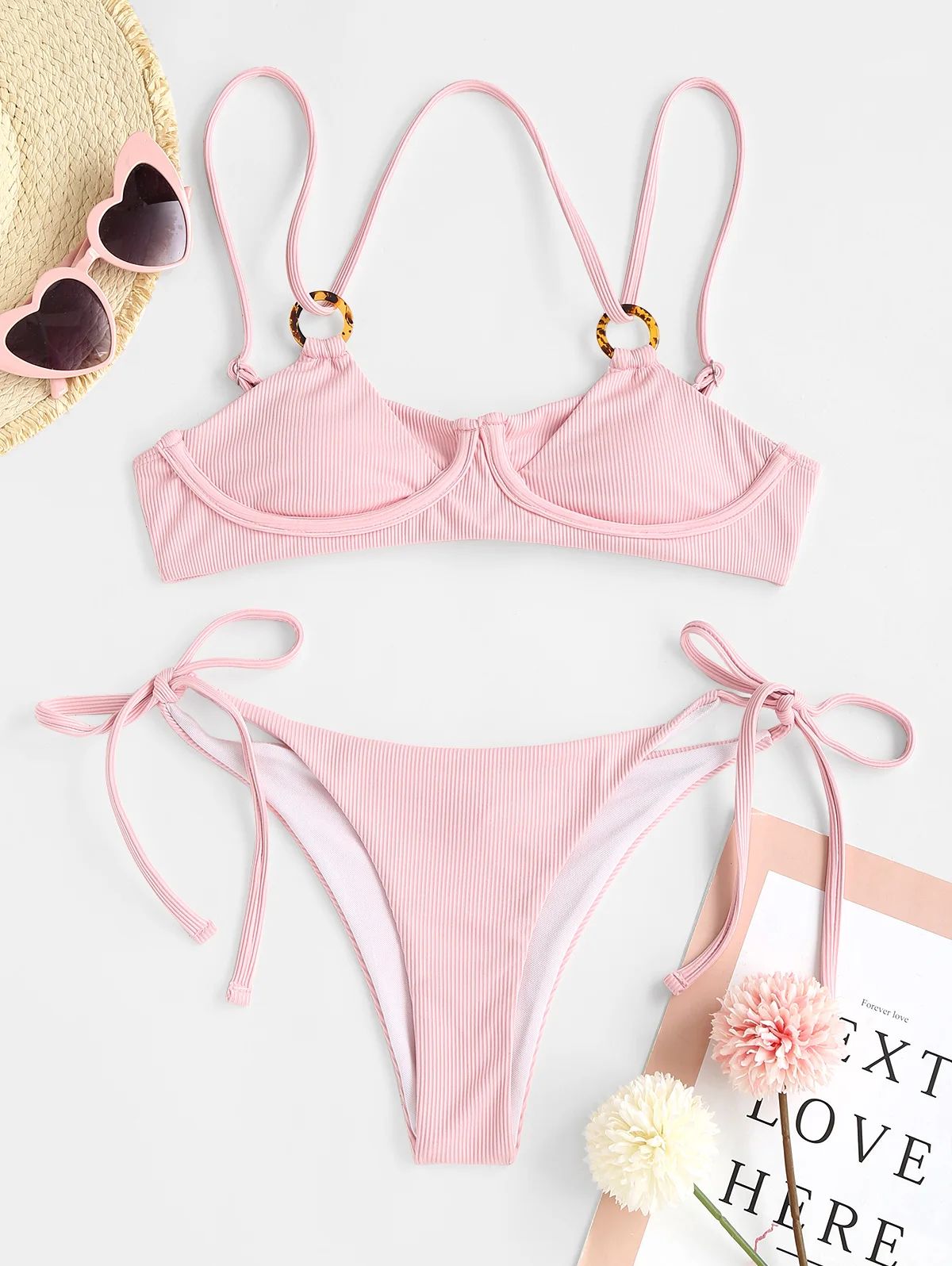 ZAFUL Ribbed Double Layered O Ring String Bikini Swimwear