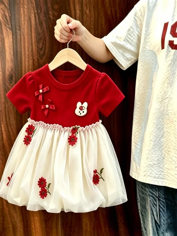 Vestido Infantil Feminino Doce e Moderno com Bordado Floral e Desenho Animado, Saia Princesa em Tule, Algodão Macio e Confort...