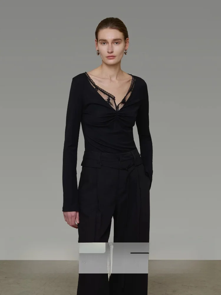 

Bla Slim Fit V-ne Knitted Top Women's Faion Ele Slimming Gathered Design Modal Fiber Long Sve Crew Ne irt