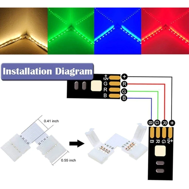 10Pcs 10mm 4 Pin L LED- Strip Corner Connectors 90 Degree for 10mm 5050 RGB-Strip Lights 90° Conncet