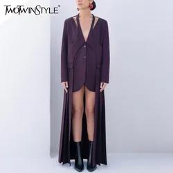 TWOTWINSTYLE Blazers sólidos para mulheres com decote em V, retalhos de manga comprida, de peito único, minimalista, blazer, roupas femininas