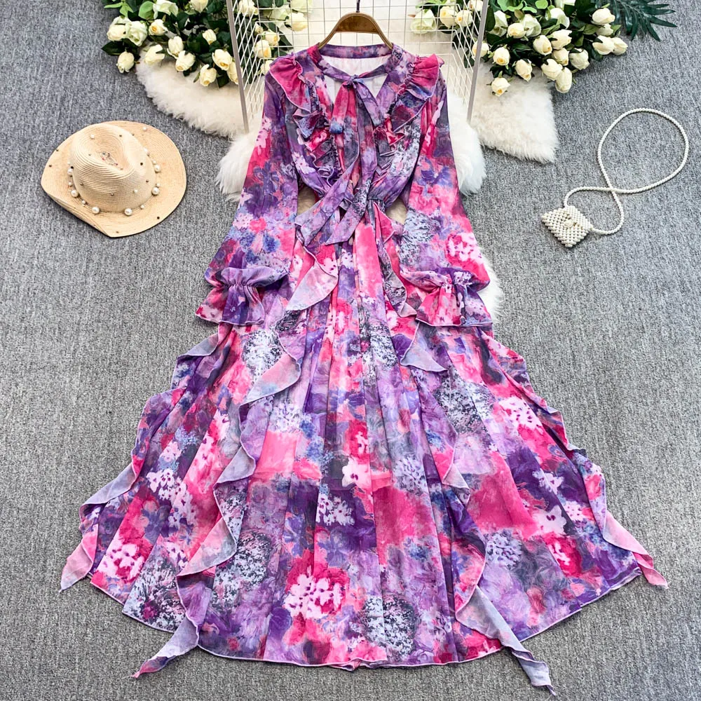 

Elegant Vintage Chiffon Maxi Dress with Floral Print Tie-Waist Bow Neck Ruffle Hem Flared Skirt Premium Women's Dress 2025 New