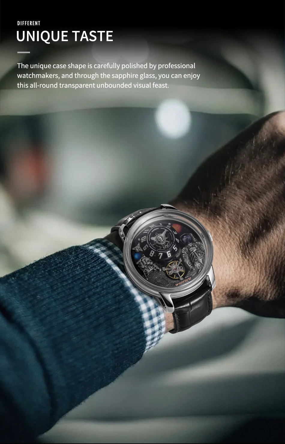 PINDU Uhr Männer Neue Space Serie Einzigartiges Design Dreidimensionale Zifferblatt Arabische Ziffern Leuchtende Saphir Mechanische Uhr W2101B – Detail 9