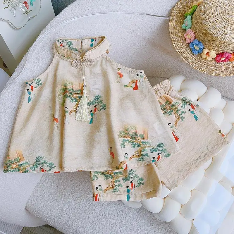 Girls' Suit2024Summer New Chinese Style Top Chinese Style Ancient Style Suspender Shorts Two-Piece Set One-Piece Delivery-WSNY