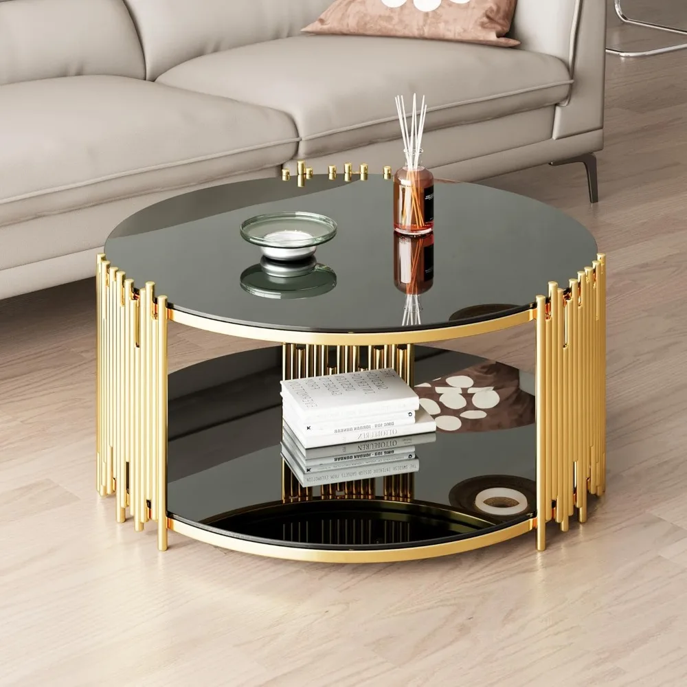 Tavolino rotondo moderno da 36", tavolino da caffè di lusso in vetro nero dorato