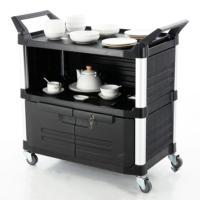 Hotel Kitchen Restaurant Food Grade Three Tier Black Plastic Service Trolley Model F-8884-3