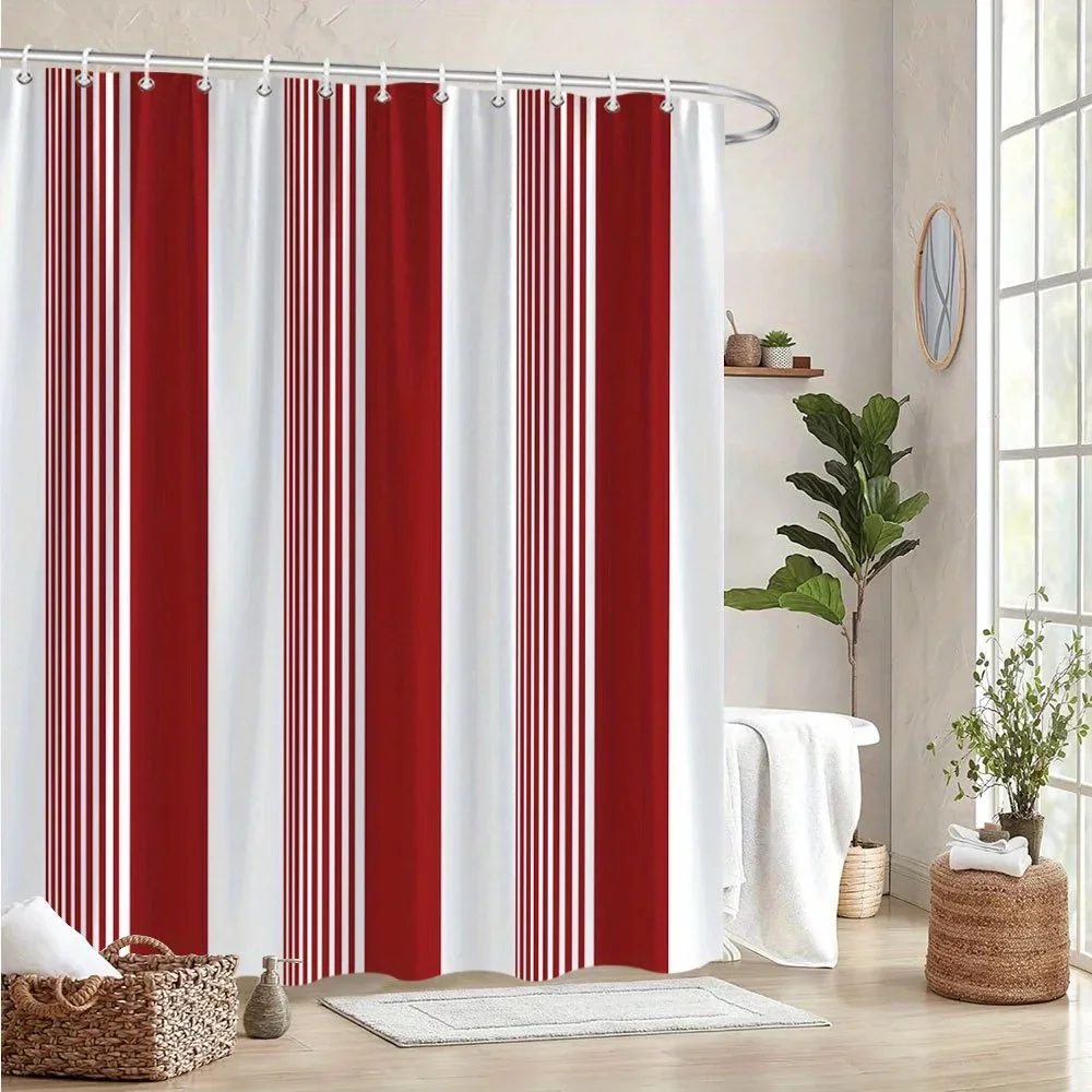 Red & White Vertical Stripes Curtain - Minimalist, Modern Design, Machine Washable, 12 Hooks, Modern Bath Accessory