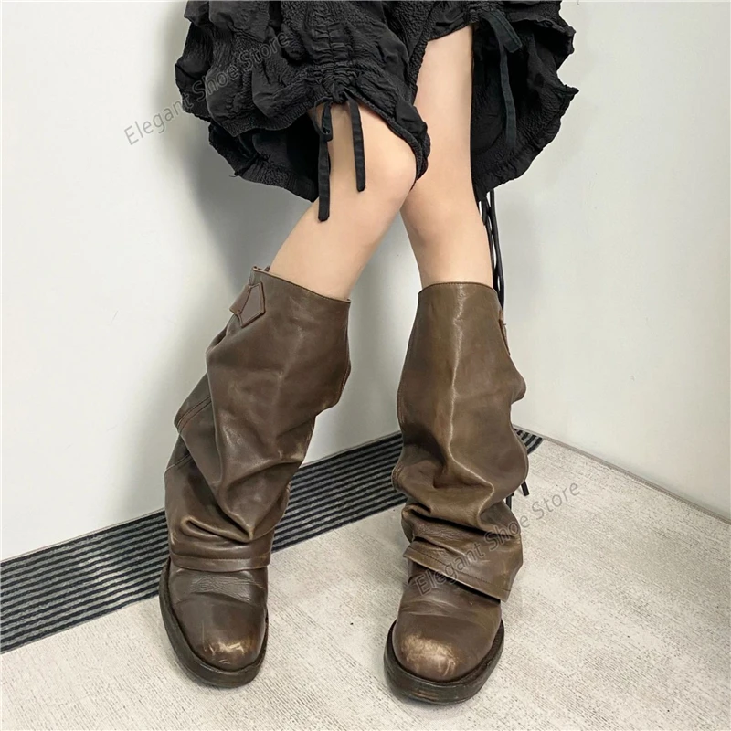 Retro Pleated Soft Leather Women Boots Pointed Toe Belt Buckle Knee-High Boots Black Brown Thick Heel High Quality Knight Boots