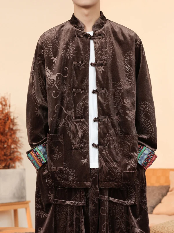 

Новый китайский мужской костюм Тан, бархатный свободный крой, воротник-стойка, джет, осень-весна, ощущение мояисправностей, традиционный сгусток ханьфу...