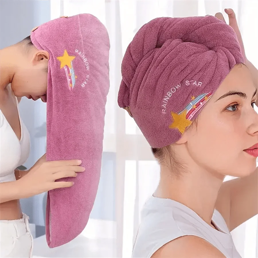 Quick-Dry Coral Fleece Hair Towel Wrap with Star & Rainbow Embroidery