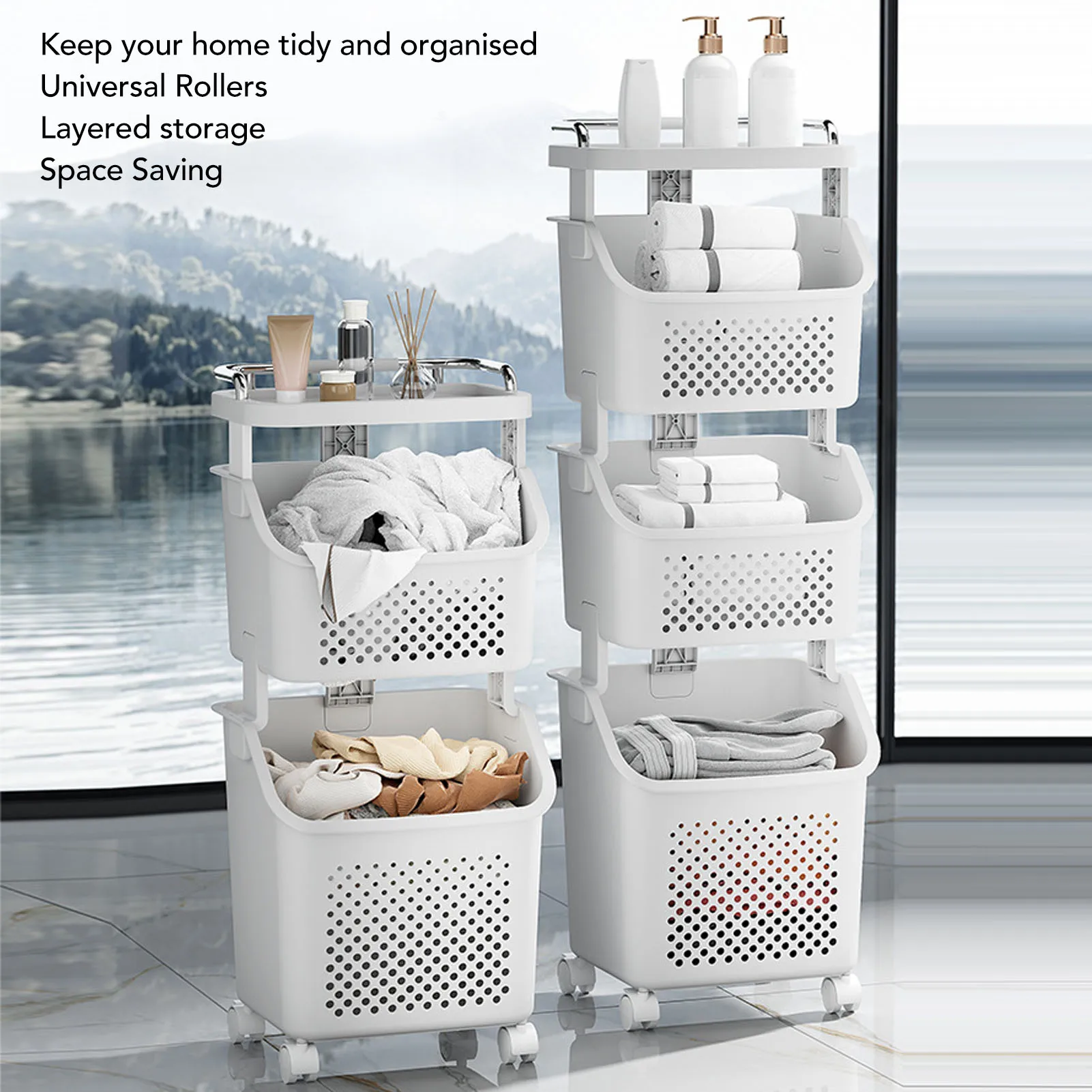 Laundry Hamper Stable Structure Ample Storage Space PP ABS Breathable Clothes Storage Basket with 4 Rolling Wheels for Bathroom