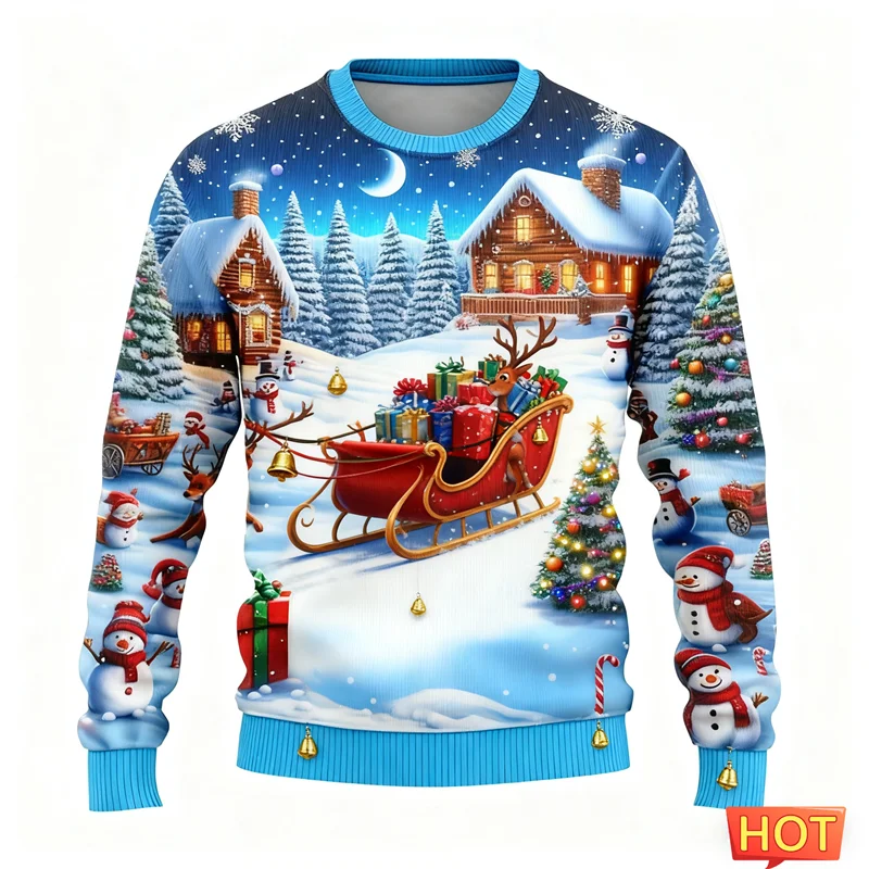 2026 New Mens Ugly Christmas Sweater Fashion Santa Xmas Tree Bells 3D Printed Xmas Sweatshirts Loose Streetwear Holiday Pullover