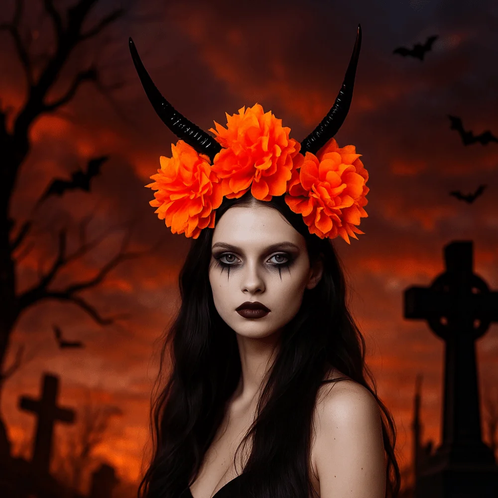 

Exaggerate Demon's Horn Headband Simulation Flowers Evil Queen Gothic Headpiece Witch Hair Accessories Festival Decorative
