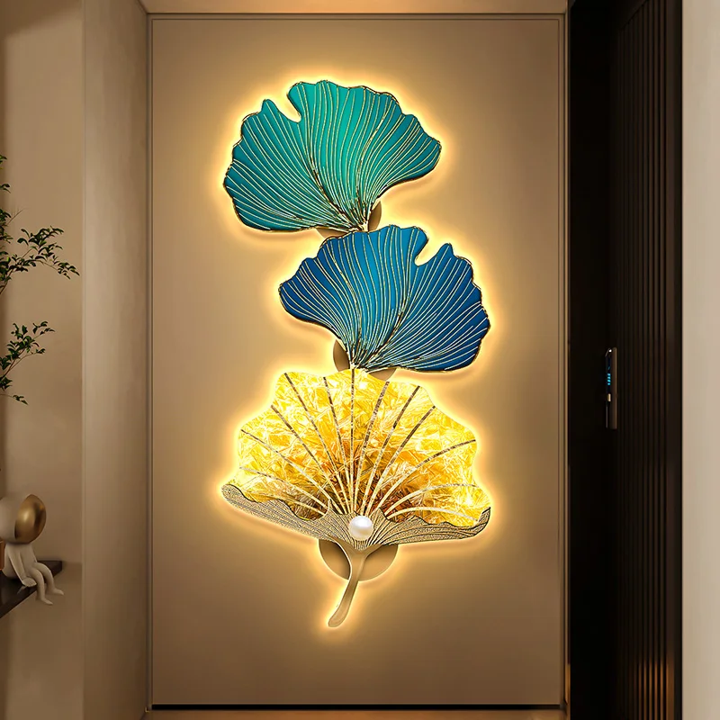 Modern light luxury porch decorative painting LED light hanging painting Ginkgo leaf advanced sense mural vertical light paintin