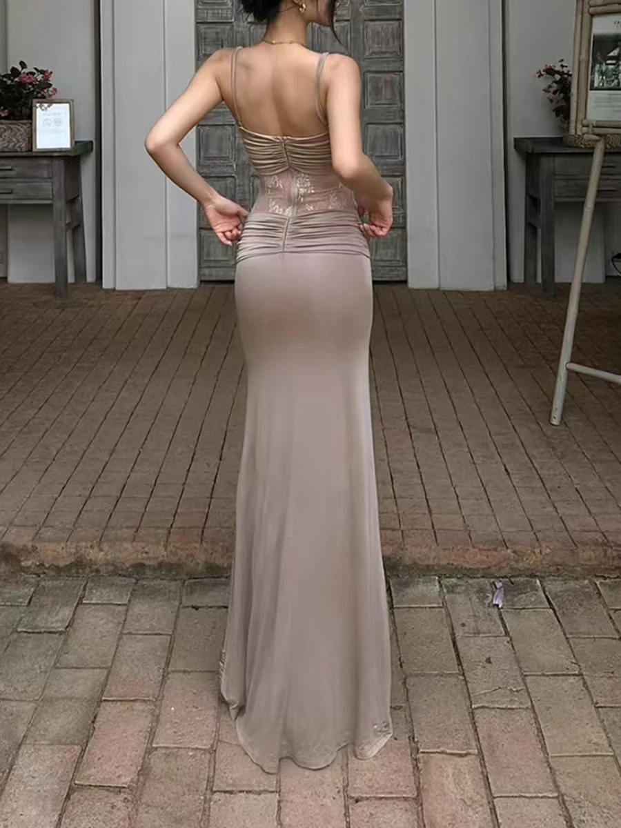 TWOTWINSTYLE minceur pure épissé plis Sexy longues robes pour les femmes col carré sans manches Patchwork dentelle robe femme mode