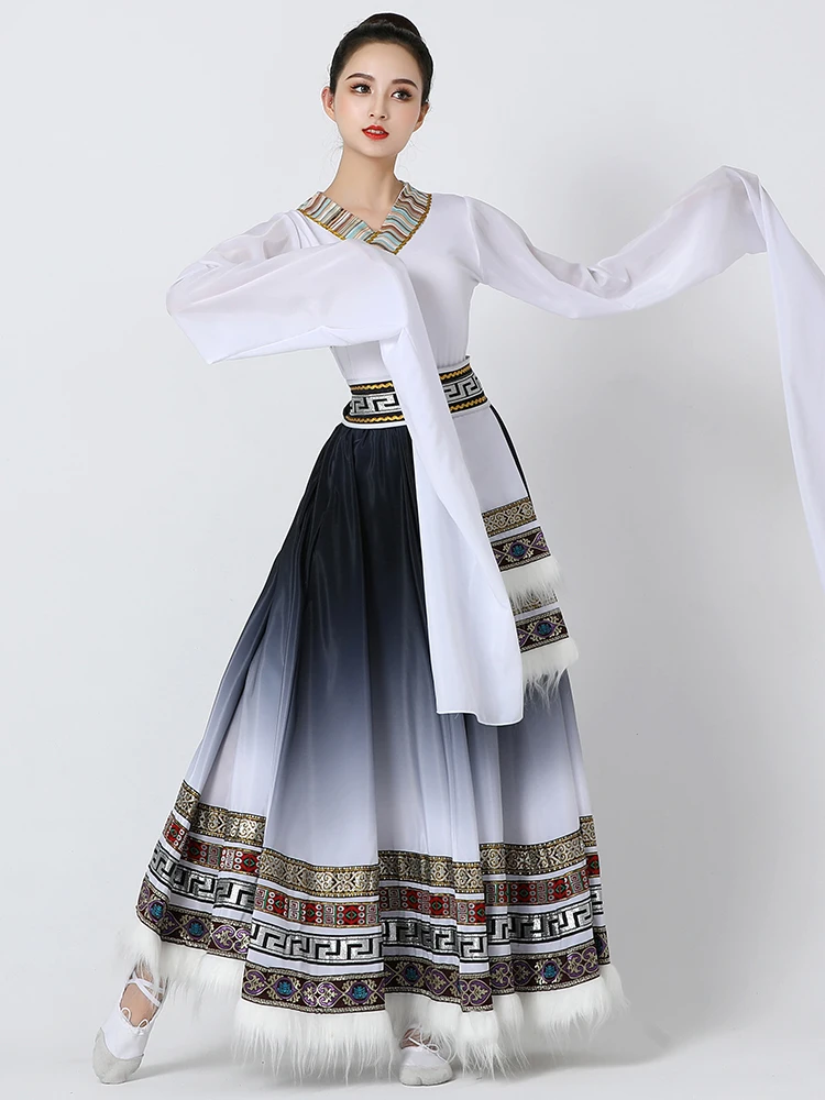 

Новый женский тибетский танцевальный костюм для выступлений, классический танцевальный наряд с рукавами, этническая танцевальная одежда, сценический костюм для выступлений