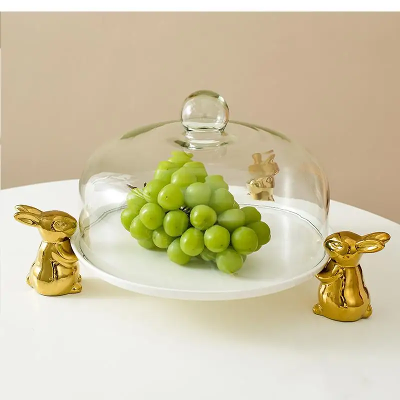 

Керамическая тарелка с китайским кроликом, подставка для обеденного торта, столовые приборы, поднос для демонстрации десертной стойки, стеклянная крышка, пасхальный подарок