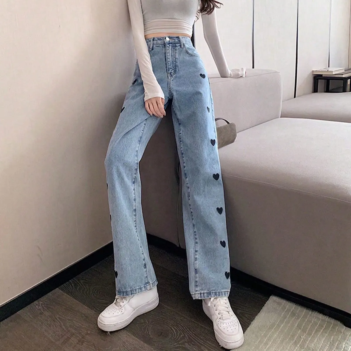 

Korean Chic Summer American Retro Heart Embroider Narrow Wide-Leg Pants High-Waist Draped Straight Leg for Women