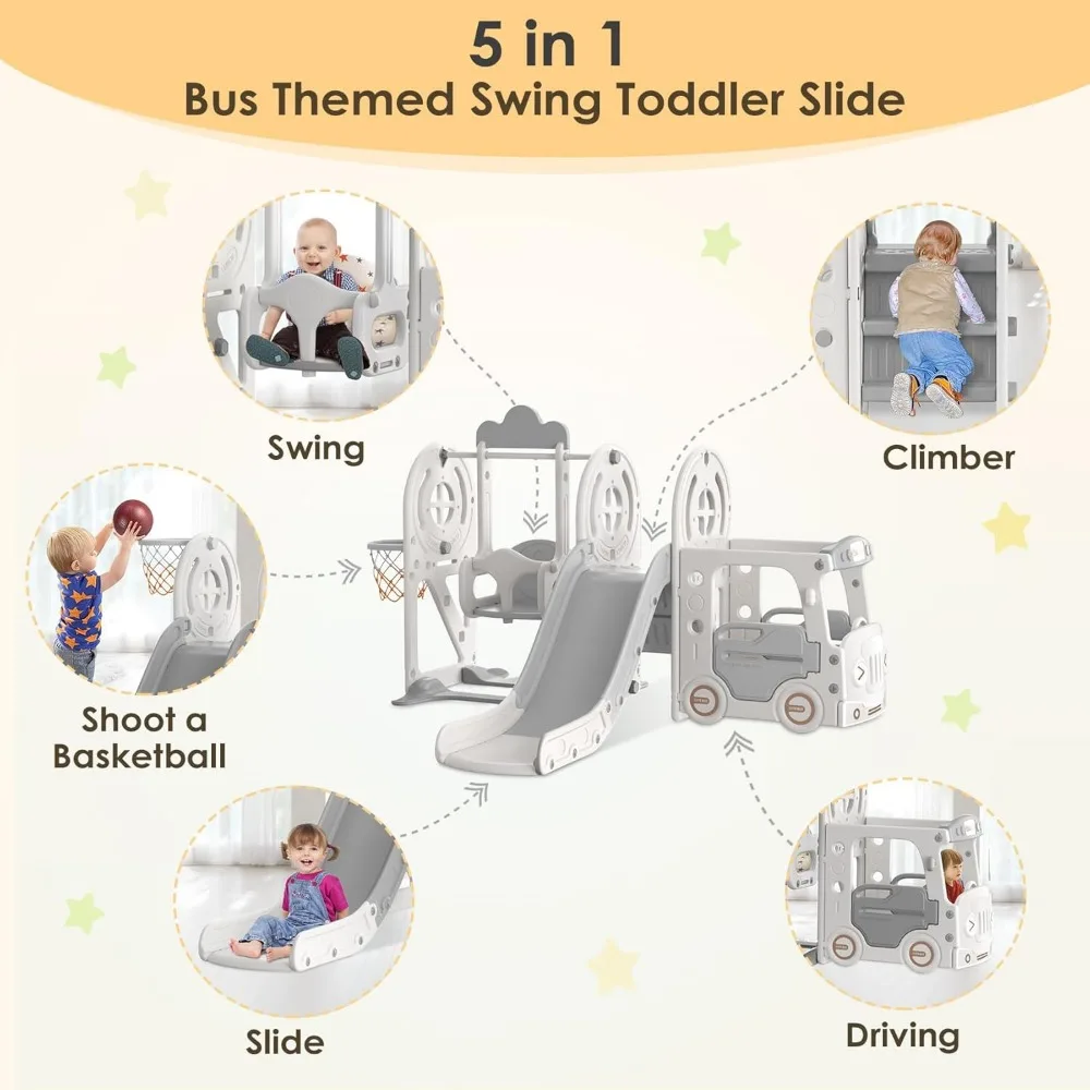 Centro de juegos para niños pequeños con tobogán, columpio y baloncesto, adecuado para edades de 1 a 3 años, juego temático de autobuses con Fe interactivo