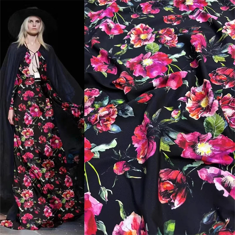 D Family's Summer Breathable Black Bottom Large Flower Printed Crepe De Chine Silk Fabric Temperament Skirt High-end Silk Fabric