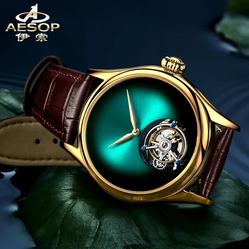 Aesop Tourbillon นาฬิกาผู้ชายจริง Flying Tourbillon Simple Dial Sapphire Manual Mechanical นาฬิกาหนังผู้ชายธุรกิจ Luxury7009