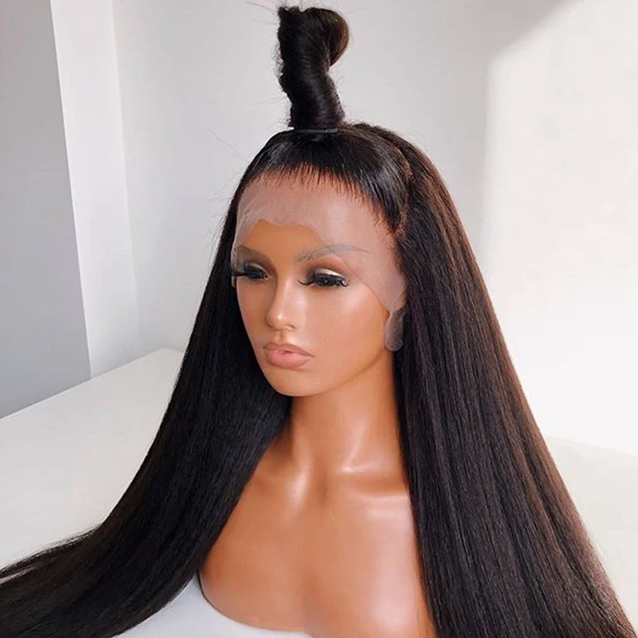 Soft Preplucked Deep Middle Part Glueless Yaki 26 Inch Long Kinky Straight Lace Front Wig For Women Babyhair Natural Black Daily