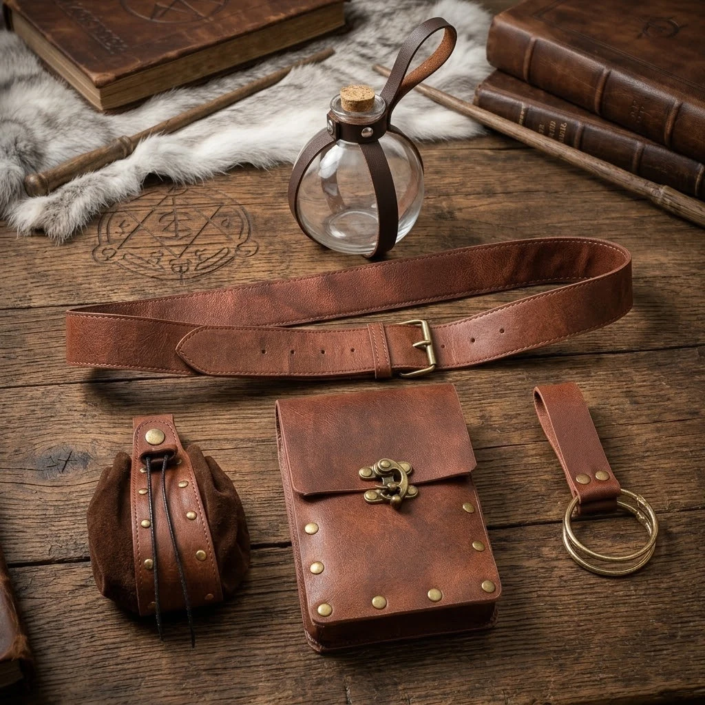 5PCS Renaissance Costume Accessories Leather Waist Belt with Bag Drawstring Coin Pouch Cork Potion Bottle Skirt Hike Clip for Cosplay image 2