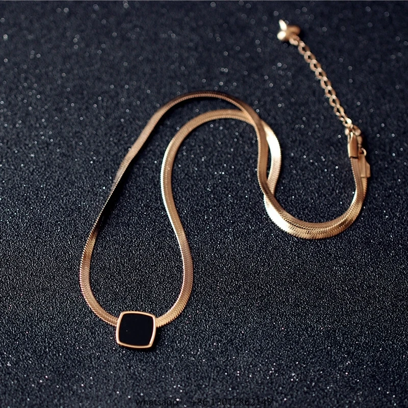 

Elegant Black Square Geometric Necklace Snake Bone Chain Titanium Steel Plated Neck Chain