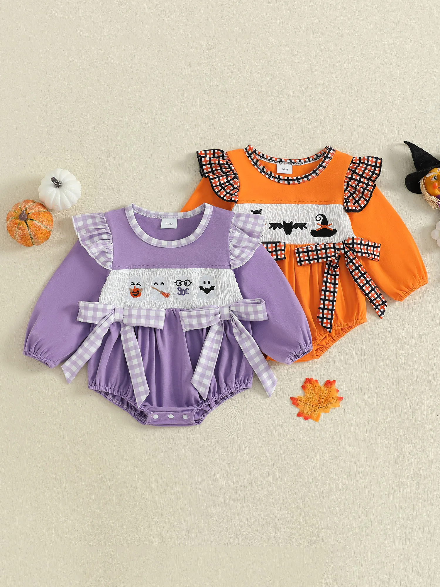 

Костюм на Хэллоуин для малышей с вышивкой тыквы ведьмы, комбинезон с короткими рукавами и круглым вырезом для маленьких девочек