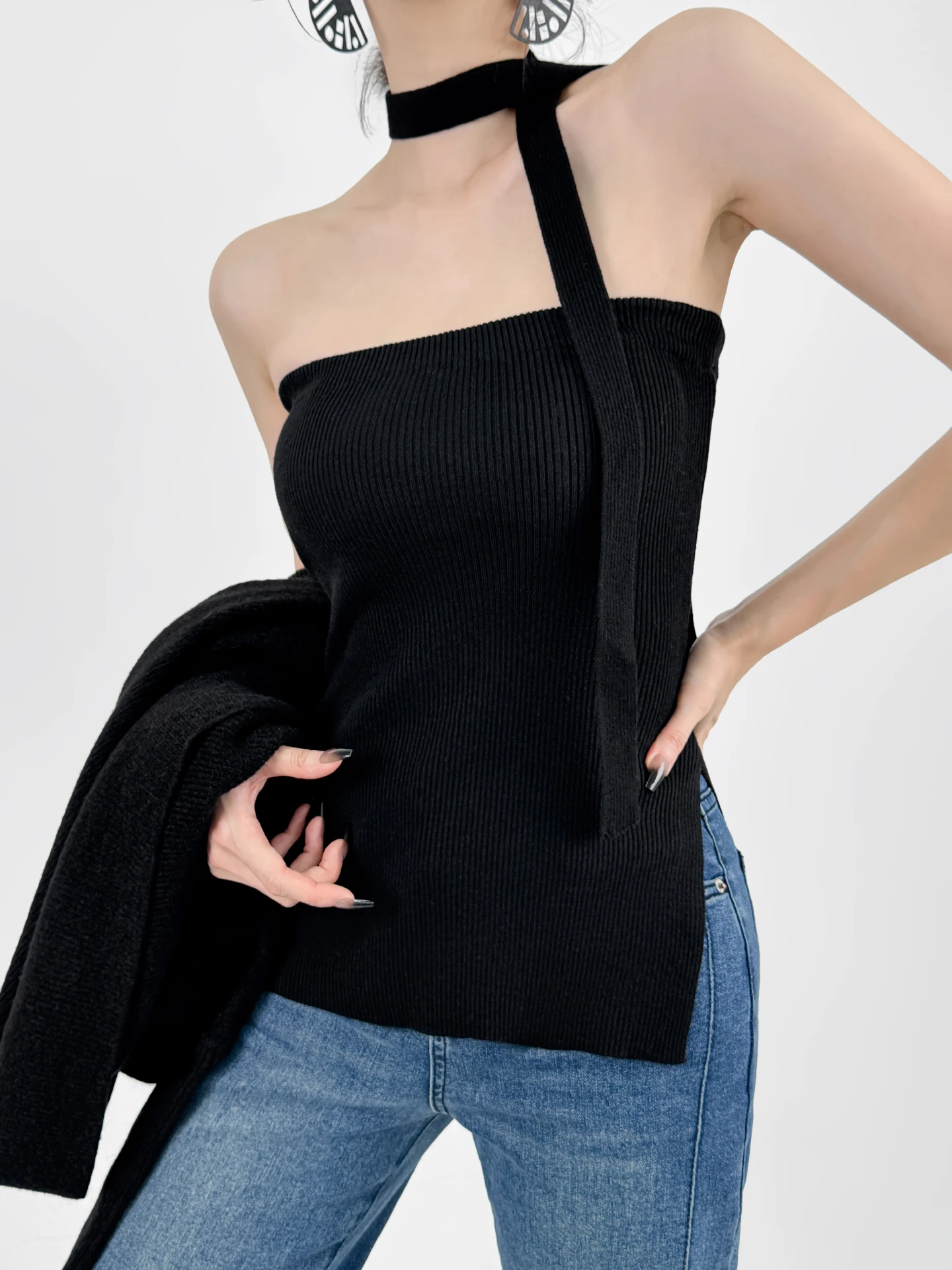 

Double Z Sweet And Spicy Sa One-oulder Slit Knitted Vest Women's Slimming Inner Wear Top Nylon Soft Thi Autumn Faion