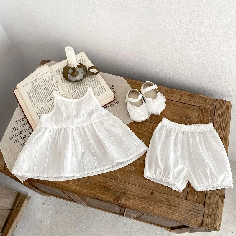 

2024 Summer Baby Girl Clothing Set 0-3Years Newborn Kids Solid White Sleeveless Dress Tank Top+Shorts Bottom 2PCS Cotton Outfits