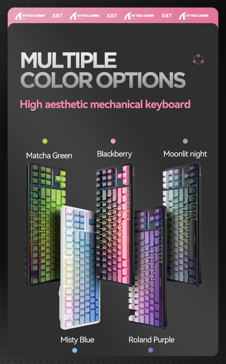 

Беспроводная механическая игровая клавиатура ATTACK SHARK X87, прокладка Type-C RGB, пользовательская клавиатура с возможностью горячей замены, 87 клавиш, ось клубники