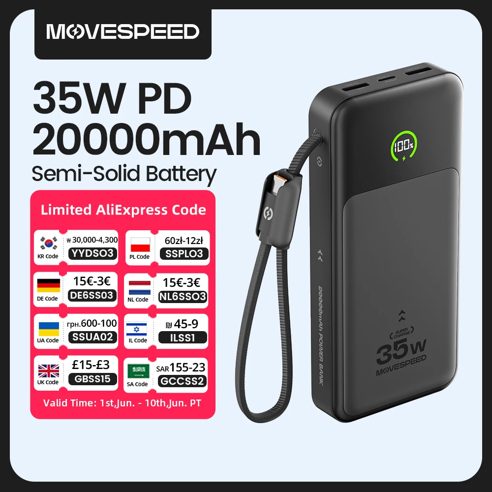 【CCC】MOVESPEED P20 Power Bank 20000mAh 35W PD Fast Charging Powerbank LFP Battery External Charger for iPhone Xiaomi Samsung