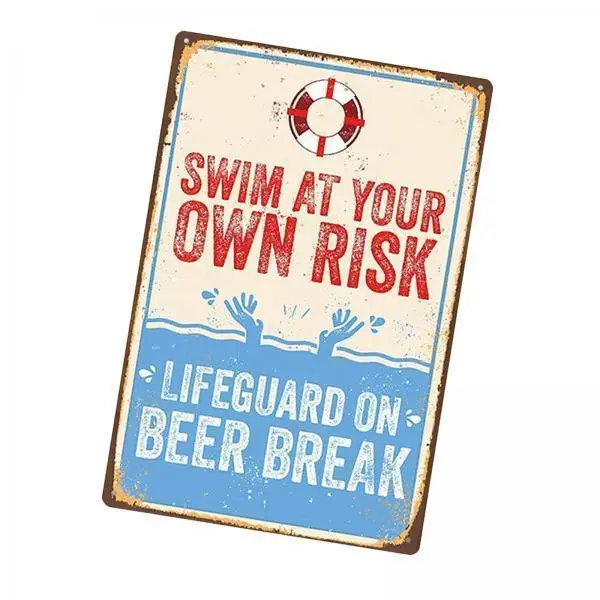 Vintage Pool Decor Funny Metal Sign Rounded Corner Caution Plaque Weatherproof Tin for Garden Lake House Water Park
