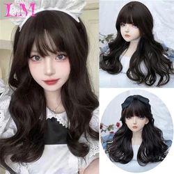 LM Synthetic Long Black Brown Wigs With Bangs for Women Long Wavy Hair Wig Natural Cosplay Party Heat Resistant