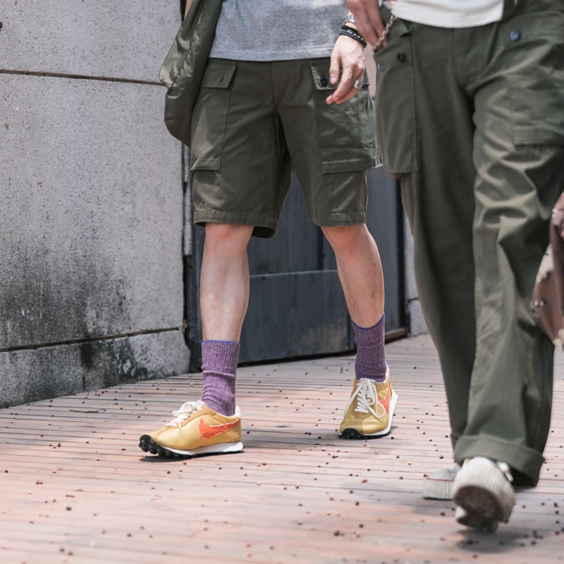 شورت قطني طويل متعرج جديد مع جيوب متعددة شورت أخضر جيشي للرجال #5