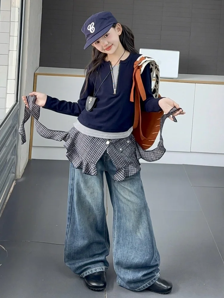 

Girls Autumn Faion Outfit Plaid Denim Two-Piece Set Korean Sle Medium to Large Children Trendy Clothing Set for Kids