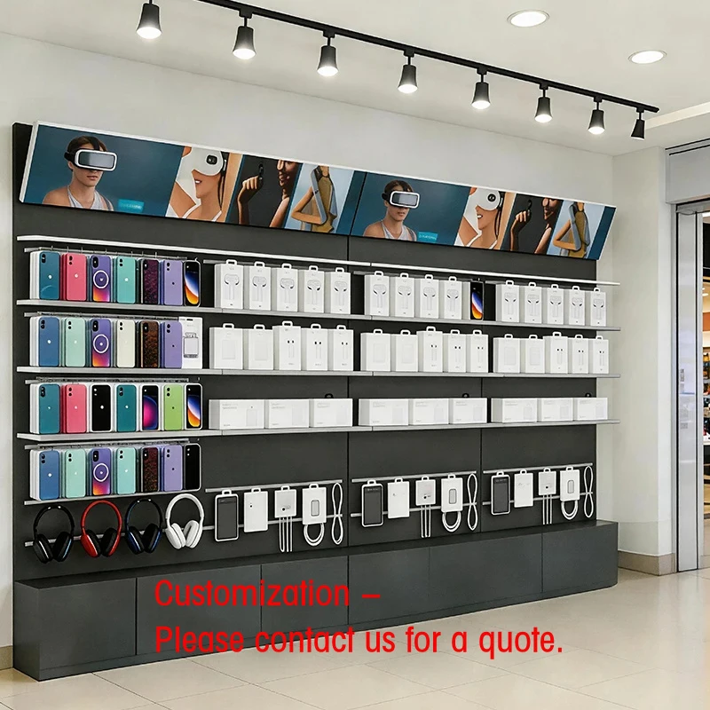 custom.Steel Frame Wire Shelving Adjustable Electronics Display Shelving Metal Wall Combination Cabinet 3C Reta