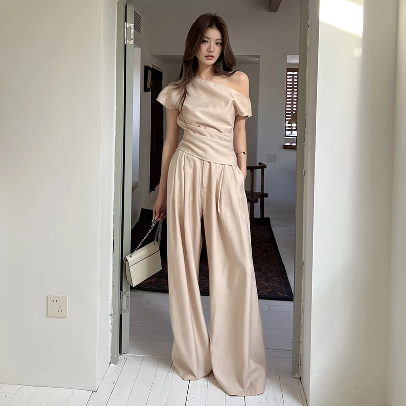 

Stylish Two-piece Pants Suit Korean Fashion Skew Collar Short Sleeve T-Shirt & High Waist Wide Leg Pants Women Outfits Pants Set