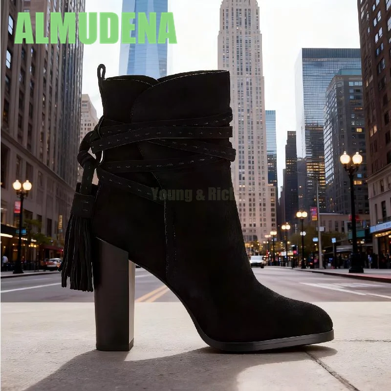 

Thick Heeled Fringed Women's Boots Side Zipper and Pointed Fashionable Winding Design Simple High Heels and Short Boots