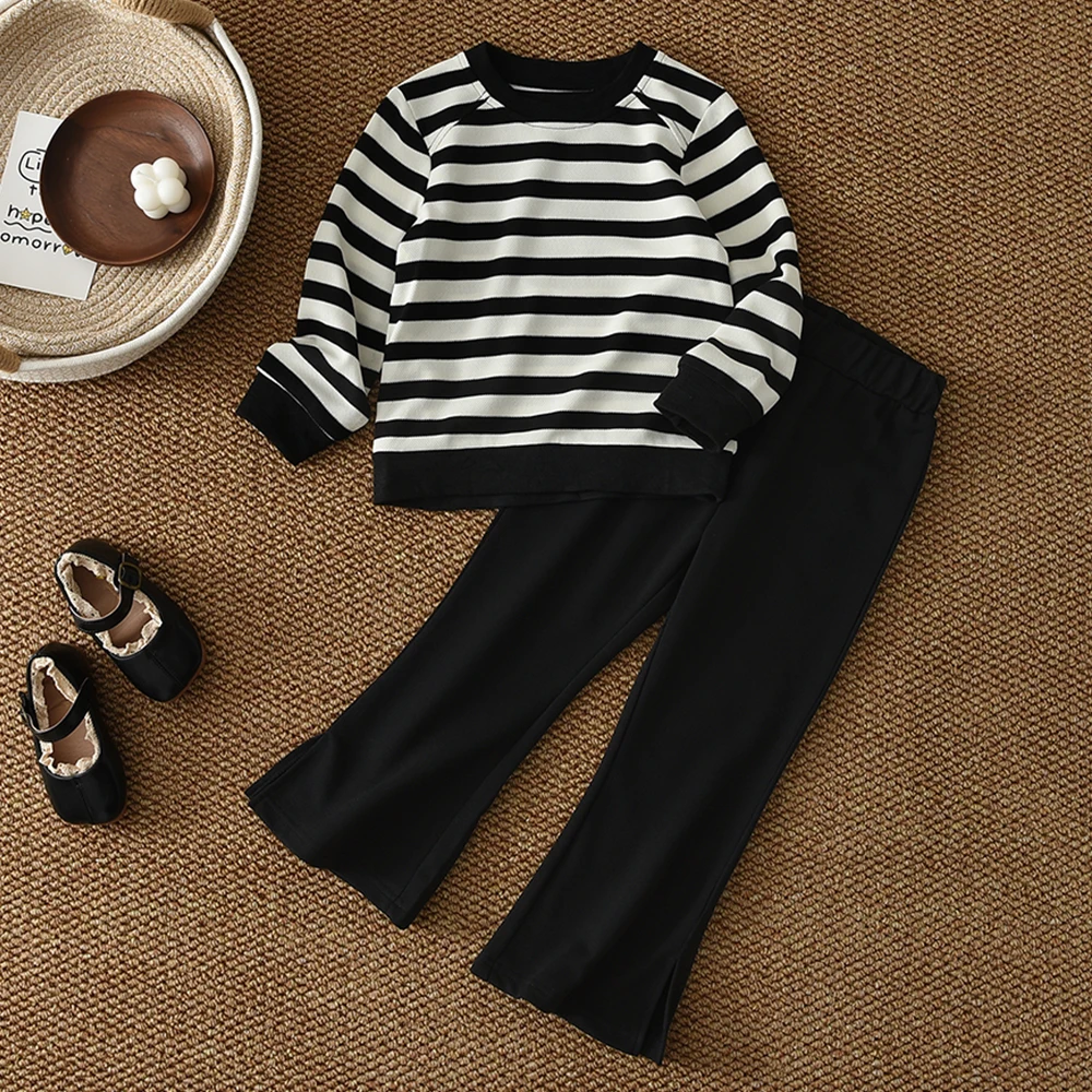 

Осенняя детская повседневная одежда, топ с длинными рукавами и круглым вырезом в полоску с принтом + однотонные штаны, комплект из 2 предметов, повседневная одежда для девочек 3–7 лет