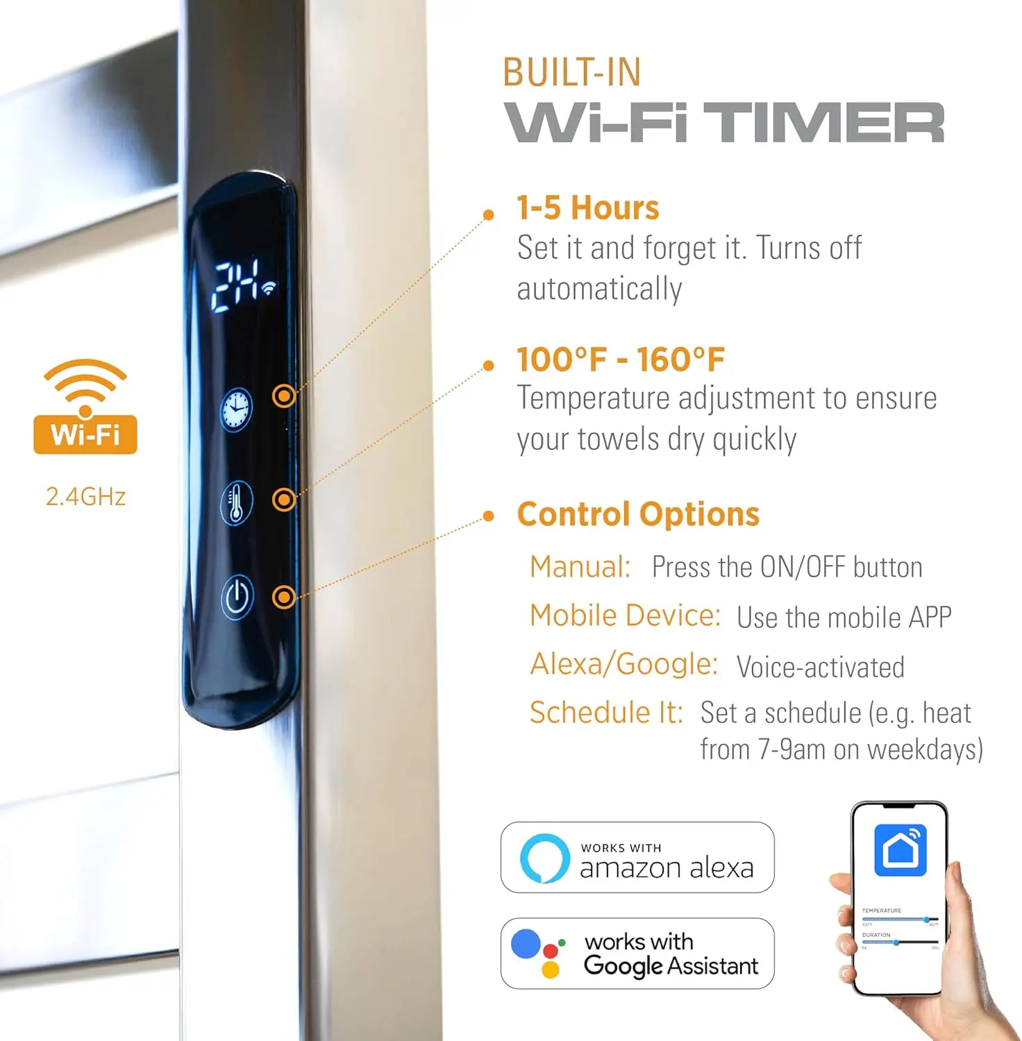 An der Wand montierter elektrischer Handtuchwärmer mit integriertem Smart-WLAN-Timer und festverdrahteten und Plug-in-Optionen (gebürstet)