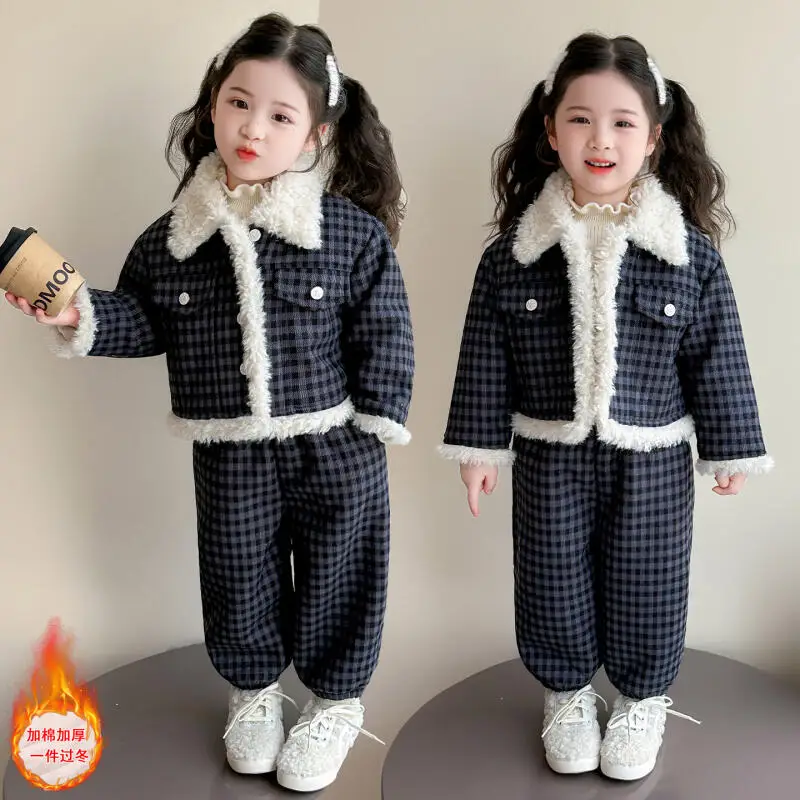 

Комплект из 2 предметов: флисовая куртка с воротником + брюки в клетку, теплая зимняя одежда для детей, повседневная осенняя мода, утепленная одежда для девочек-малышек