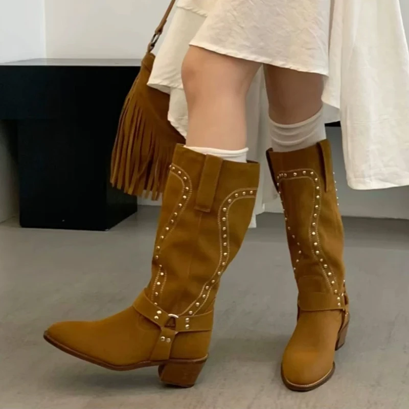 

Женские сапоги до колена, модельерская обувь на среднем каблуке, новинка зимы 2025 года, платье Goth Mujer, мотоциклетные ботинки, повседневные Zapatos Femme