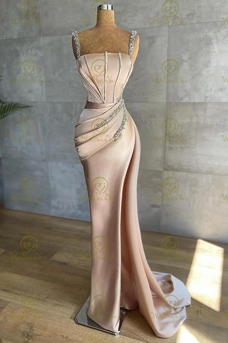 Champagne Long Prom Dresses 2024 Mermaid High Slit Boat Neckline Beaded Spaghetti Straps Evening Gowns Elegant Luxury Turkish