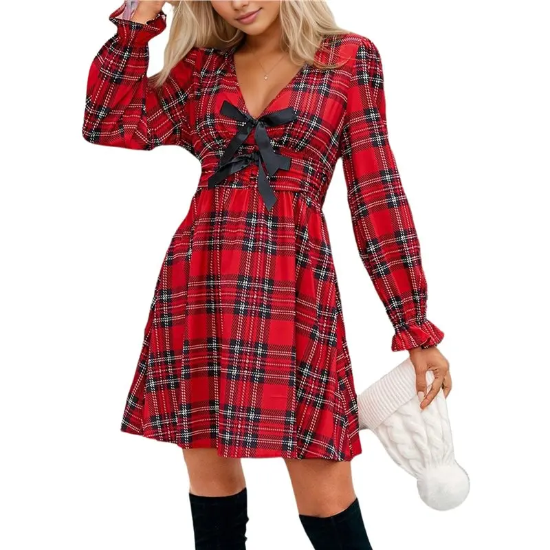 【prix-drop-】-robe-de-noel-a-carreaux-pour-femmes-col-en-v-manches-lanternes-taille-haute-nœud-papillon-sur-le-devant-robe-mi-longue-a-carreaux