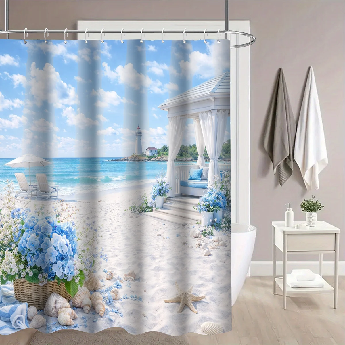 Bright Summer Beach Shower Curtain, Lighthouse Hydrangea Seashell Print Waterproof Bath Curtain with Hooks for Family Washroom