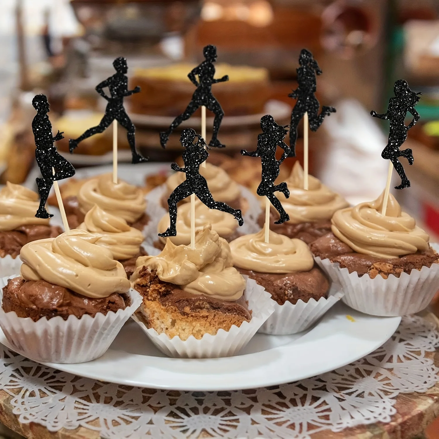 12pcs Running Cupcake Toppers, Black Glitter Sports Fitness Cupcake Picks, No Electricity Needed, Featherless, for Running - view 4
