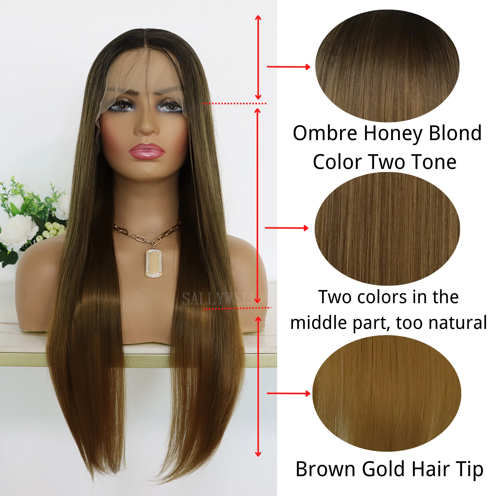 Brown Ombre Synthetic Lace Front Wig Long Straight #27 Lace Front Wig For Women Heat Resistant Fiber 3 Tone Synthetic Hair Wig